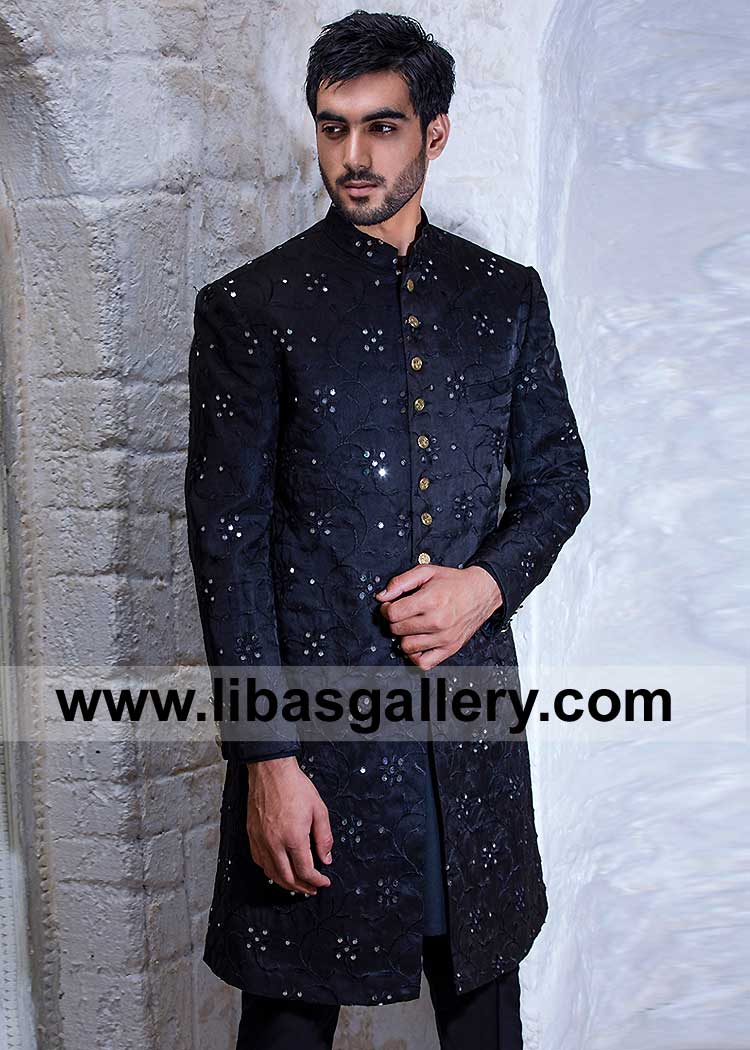 Men Black Traditional Embroidered Occasion Sherwani Suit