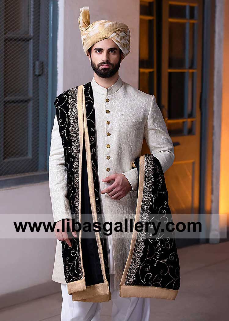 Traditional Silver Karandi Jamawar Groom Wedding Sherwani 