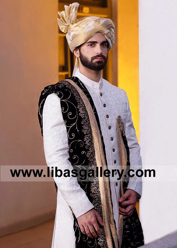 Traditional Silver Karandi Jamawar Groom Wedding Sherwani 