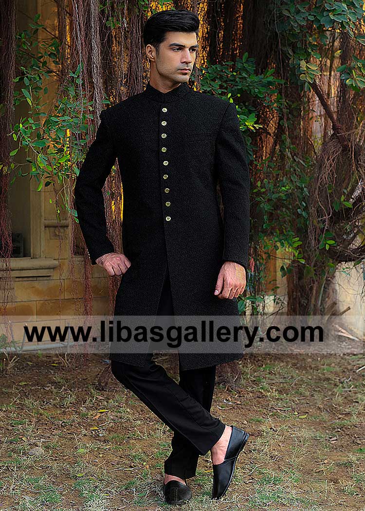 Happy Young Groom in Black Embroidered Bespoke Wedding Sherwani