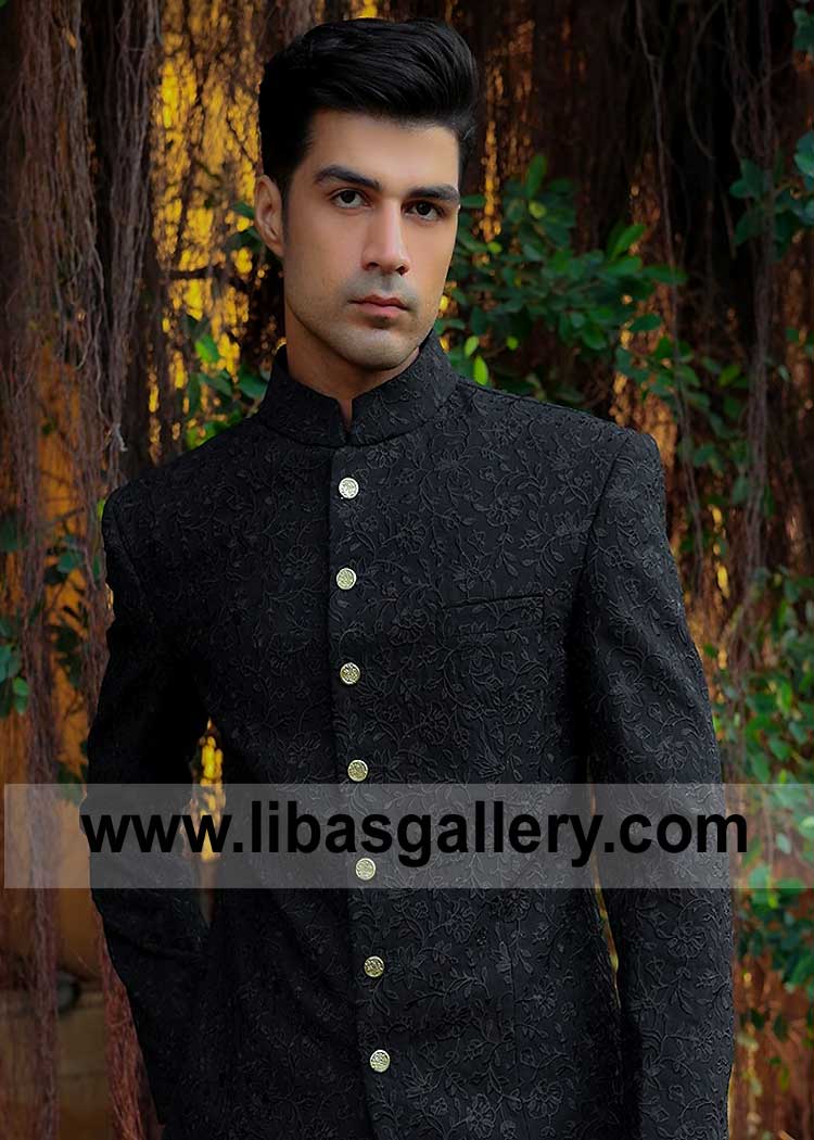 Happy Young Groom in Black Embroidered Bespoke Wedding Sherwani