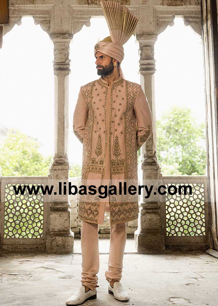 Kashmiri Tea Hued Embroidered Groom Wedding Sherwani Suit