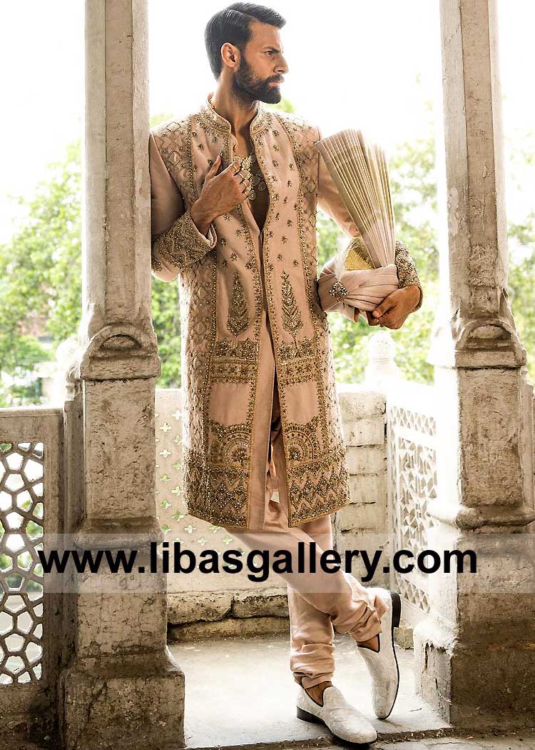 Kashmiri Tea Hued Embroidered Groom Wedding Sherwani Suit