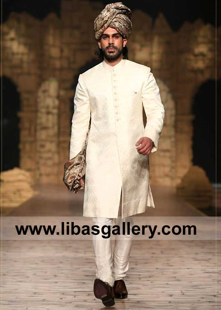 Prince Charming ivory Off White Jamawar Groom Wedding Sherwani Style