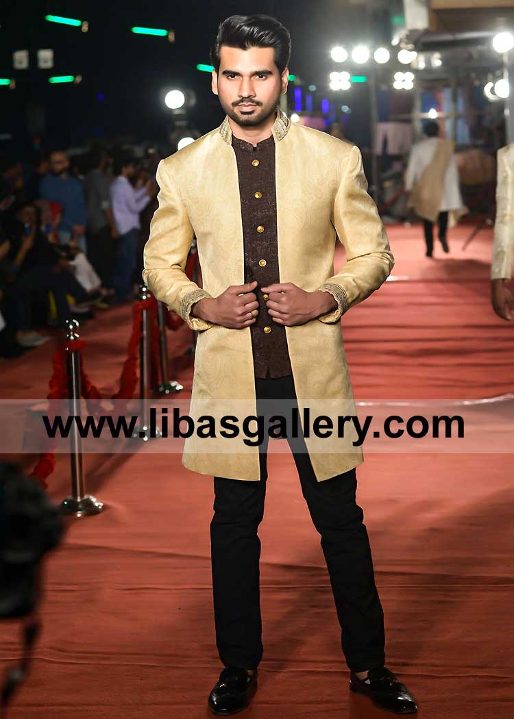 Gold Jamawar Open Style Embroidered Men Wedding Jacket