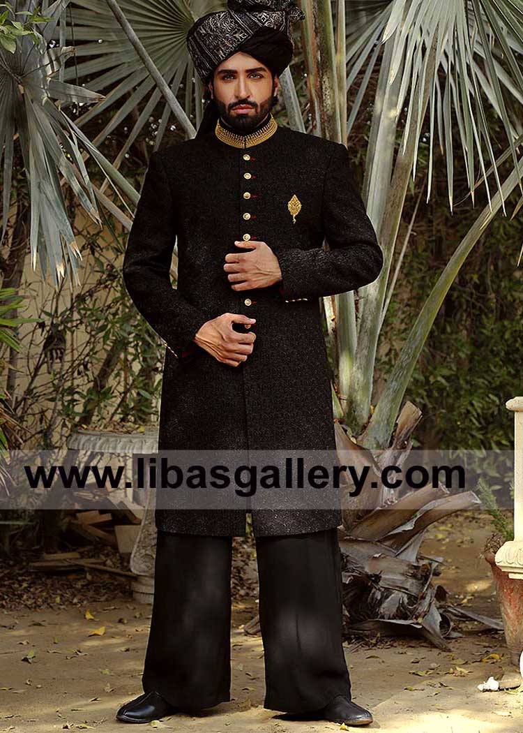 Black Premium Embroidered Men Wedding Sherwani Style 