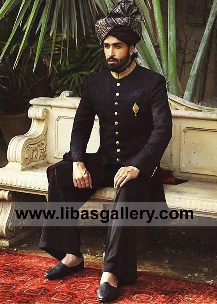 Black Premium Embroidered Men Wedding Sherwani Style 