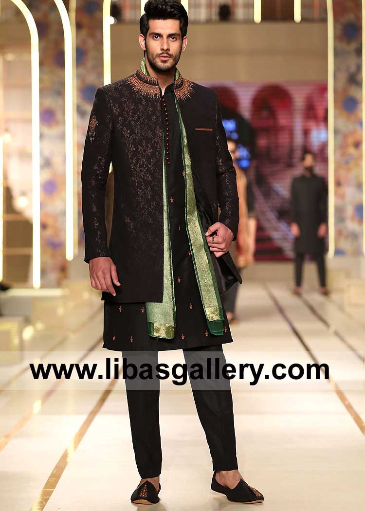 Black Sherwani Article with Antique Gold hand embellishment on Collar and Sleeves made for Groom Marriage Nikah Qatar Saudi Arabia Dubai Canada Black Sherwani Article with Antique Gold hand embellishment on Collar and Sleeves made for Groom Marriage Nikah Qatar Saudi Arabia Dubai Canada