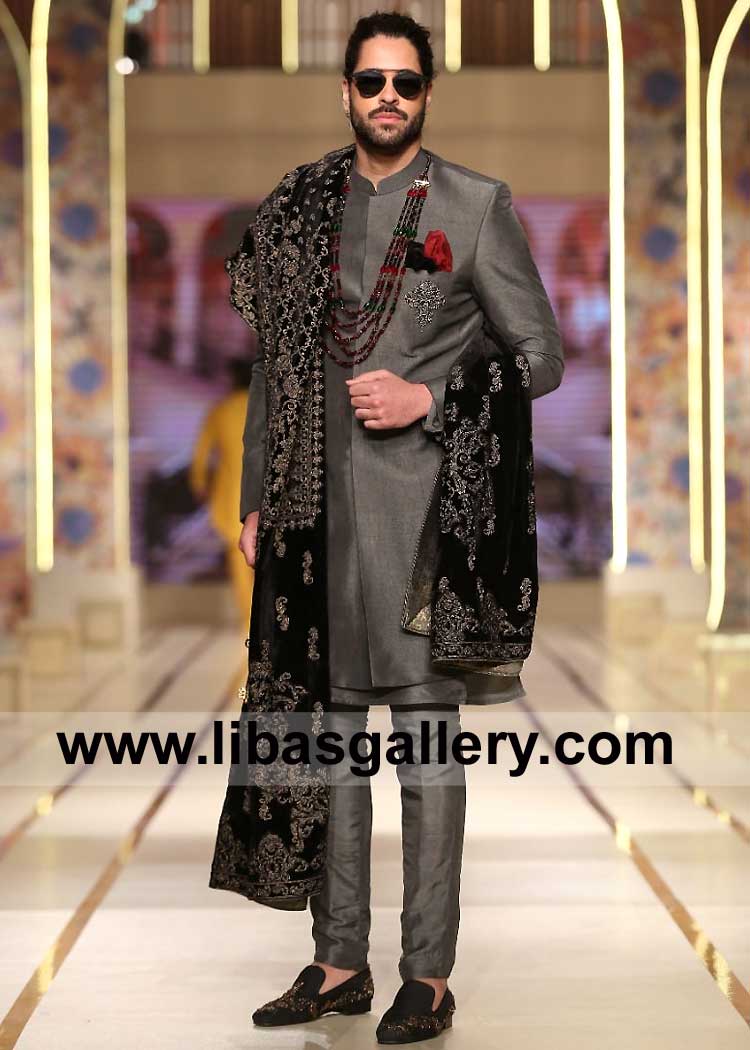 Plain Men Sherwani in Gray shade for Special Occasion