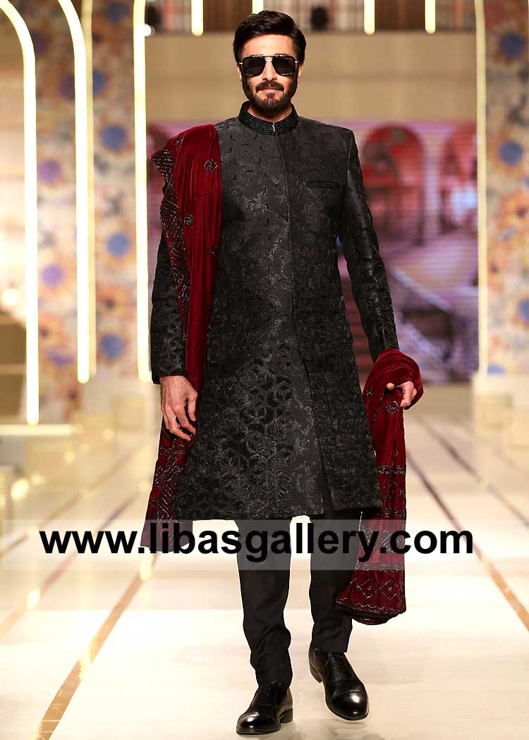 Fancy Embroidered Sherwani in Black for Nikah Barat selected Candidate