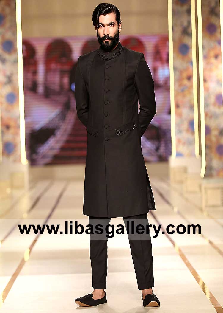 Sober Black Suiting Sherwani For Groom Special Barat day