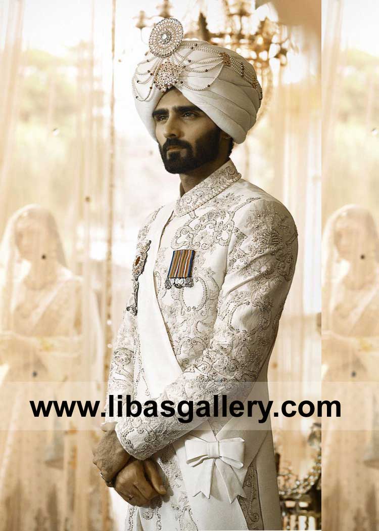 Off White Men Royal Embroidered Groom Wedding Sherwani Style