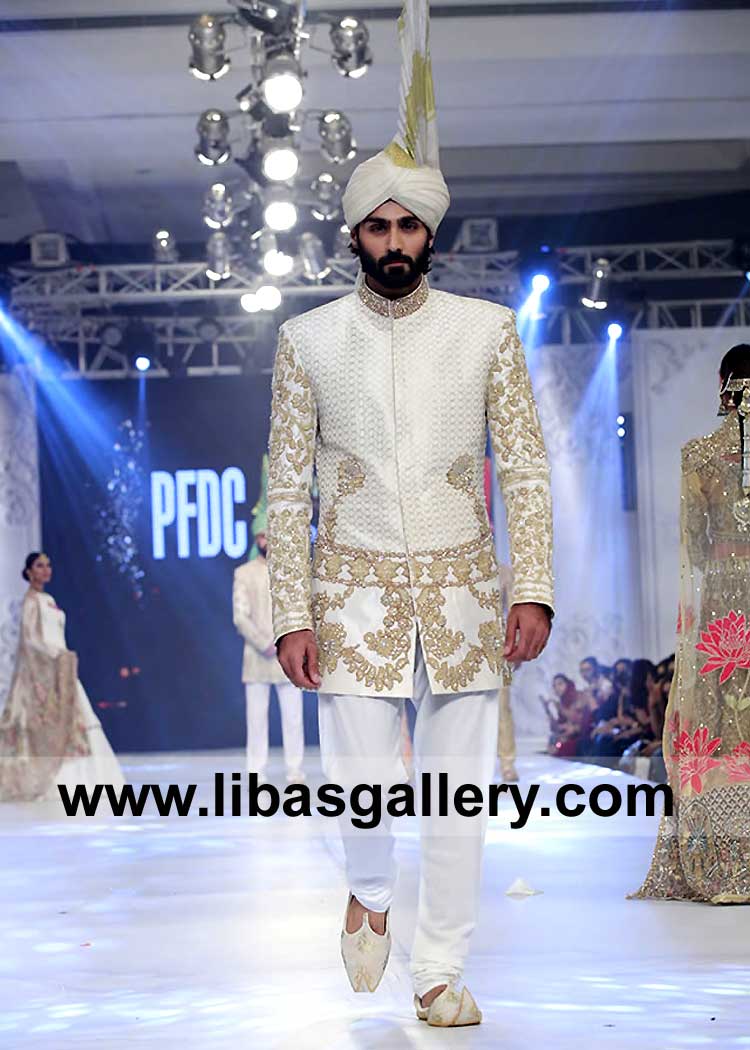 Special Occasion Off white Gold Antique hand Embellished Jamawar Men Sherwani Design with Jumbo Double Fan Punjabi Kulla UK USA Canada Dubai Special Occasion Off white Gold Antique hand Embellished Jamawar Men Sherwani Design with Jumbo Double Fan Punjabi Kulla UK USA Canada Dubai