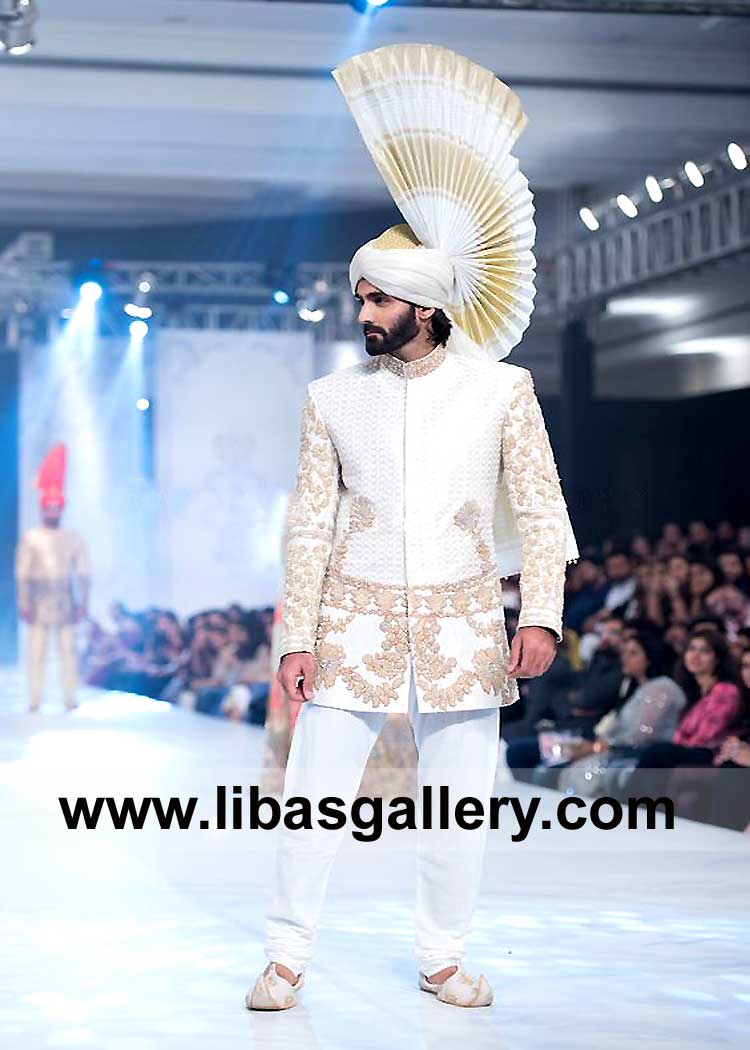 Special Occasion Off white Gold Antique Embellished Men Sherwani Design