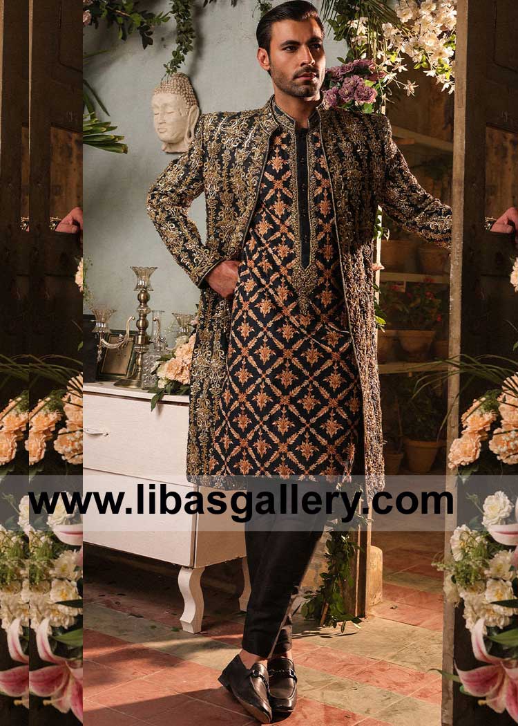 Black Groom Wedding Sherwani Style Fully Gold hand embellished