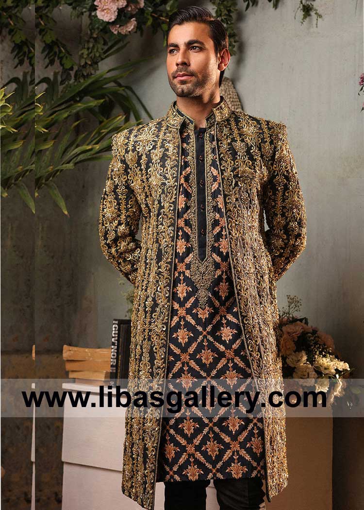 Black Groom Wedding Sherwani Style Fully Gold hand embellished