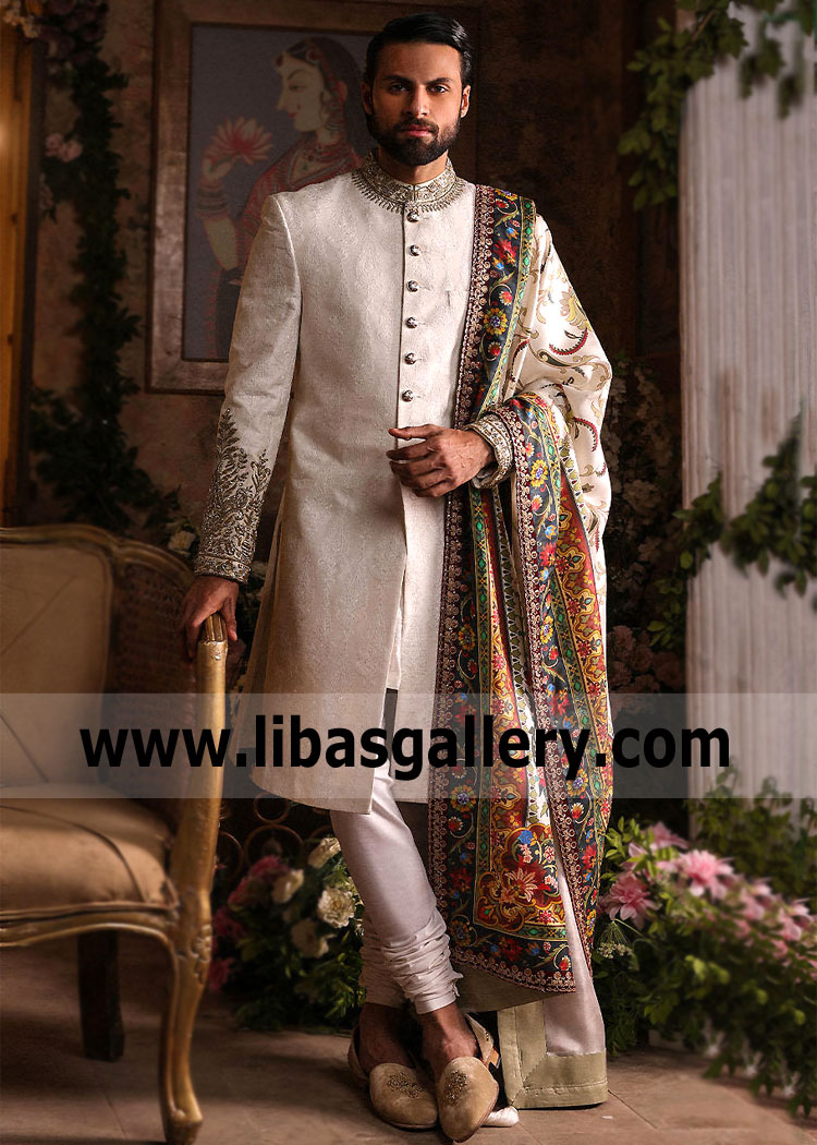 Self Embroidered off white Groom Wedding Sherwani Style with hand embellishment