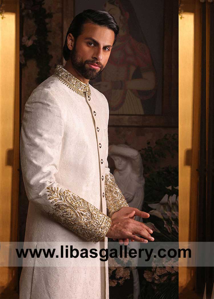 Self Embroidered off white Groom Wedding Sherwani Style with hand embellishment