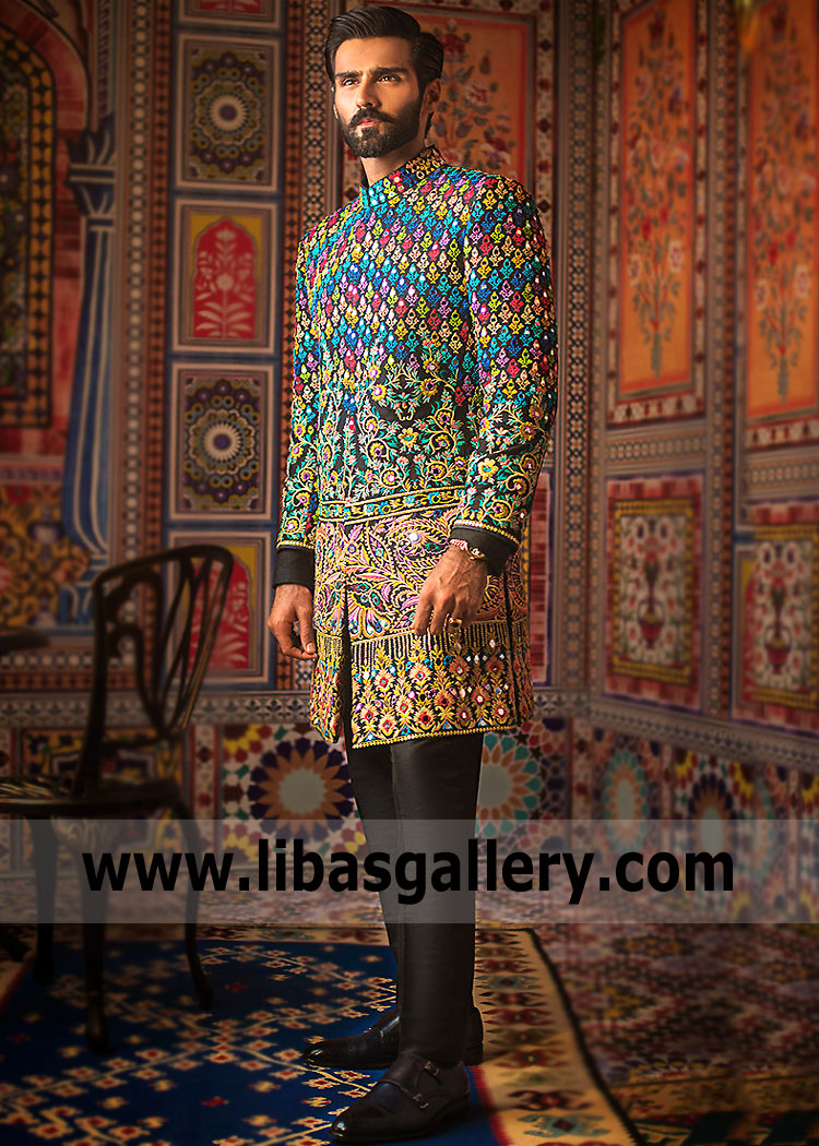 Multi Colored Groom Signature Embroidered Sherwani