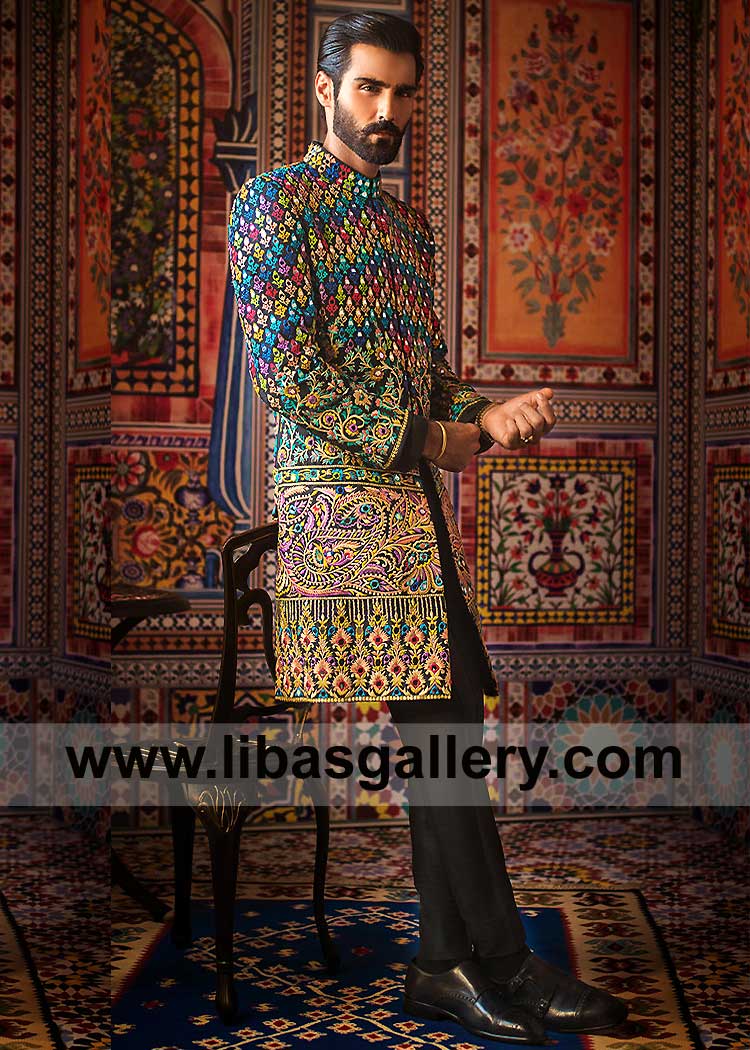 Multi Colored Groom Signature Embroidered Sherwani