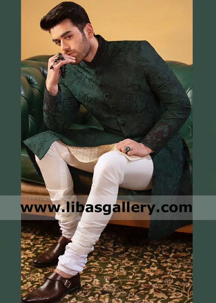 Dark Green Self Embroidered Groom Wear for Nikah Barat