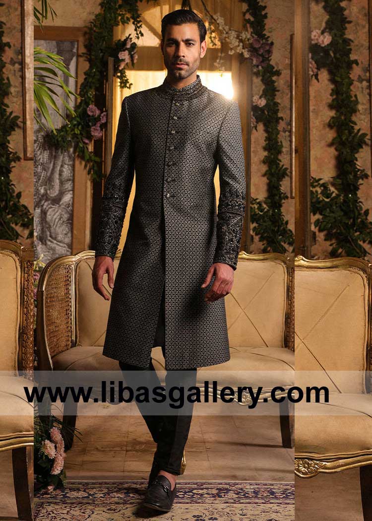 Black and Gold Embellished Groom Wedding Sherwani Dress