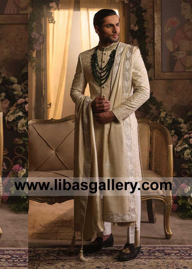 Groom Sherwani with Subtle embroidery in neutral tones for Wedding