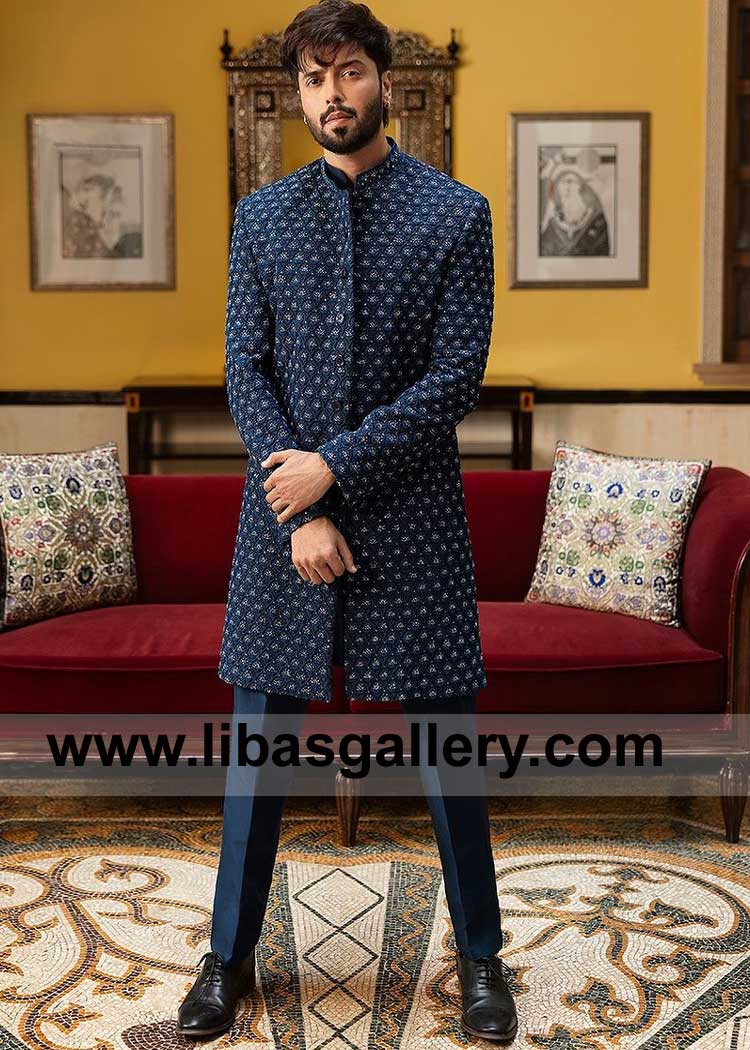 Embodying opulence Navy Blue Groom Nikah Sherwani Style in Karandi Fabric