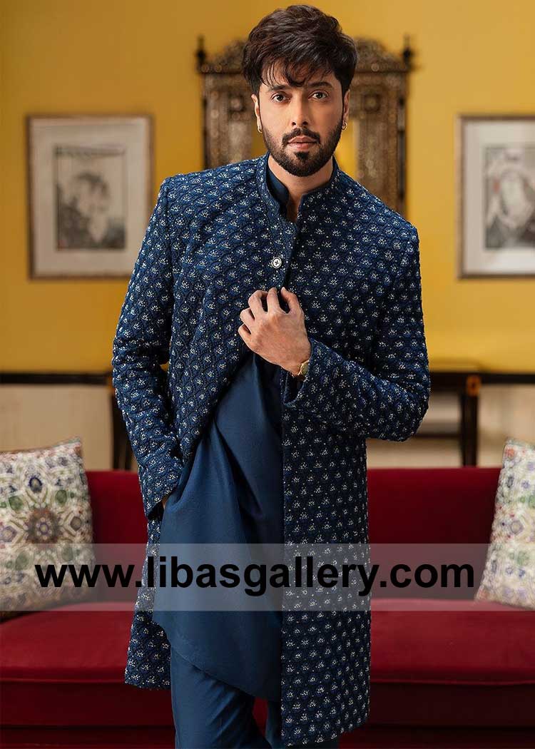 Embodying opulence Navy Blue Groom Nikah Sherwani Style in Karandi Fabric