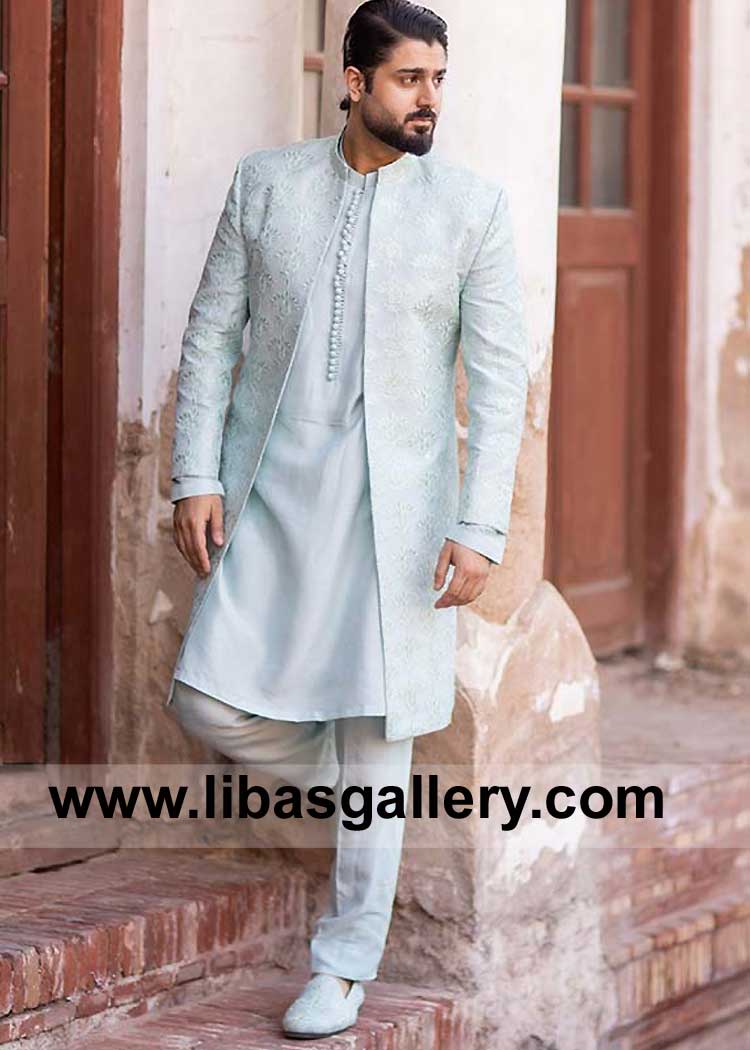 Groom Ice Blue Embellished Open Style Wedding Sherwani with matching Kurta Loop Buttons
