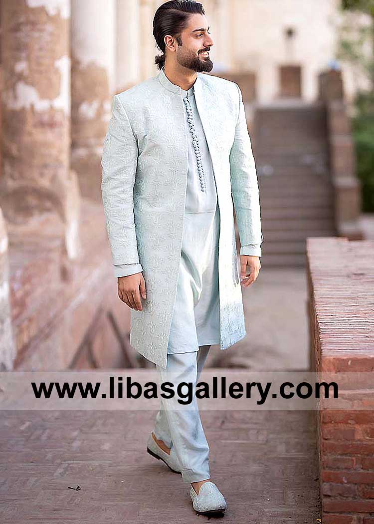 Groom Ice Blue Embellished Open Style Wedding Sherwani with matching Kurta Loop Buttons