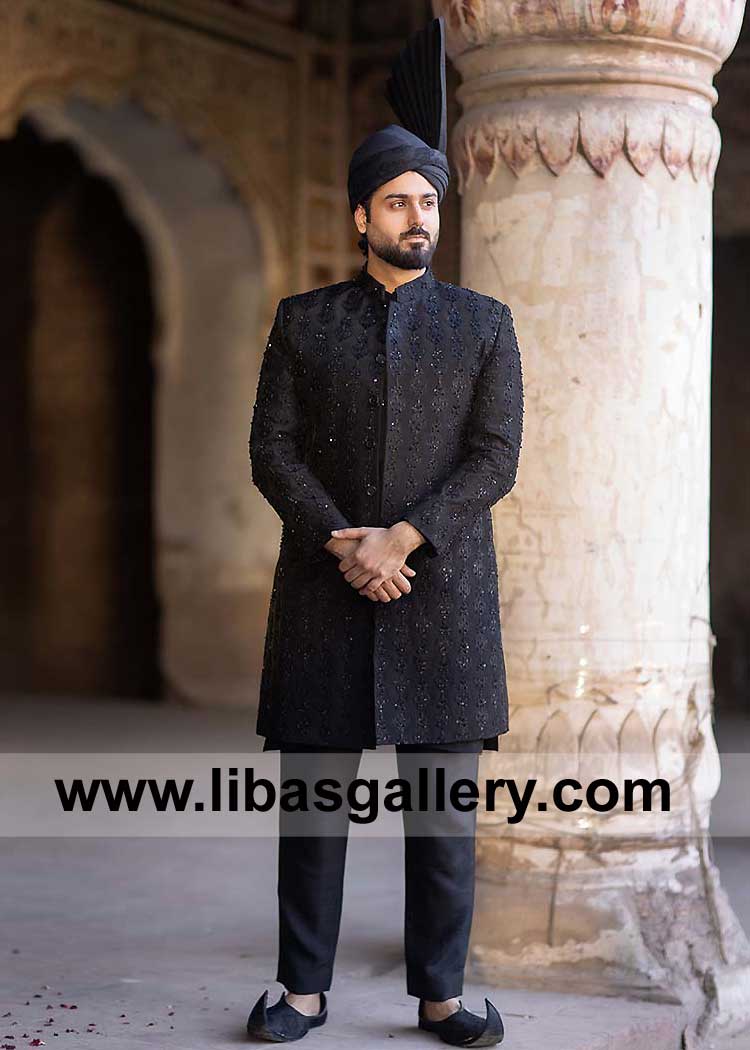 Black Groom Exclusive Sherwani article with Embroidery and Hand Embellishment Combo