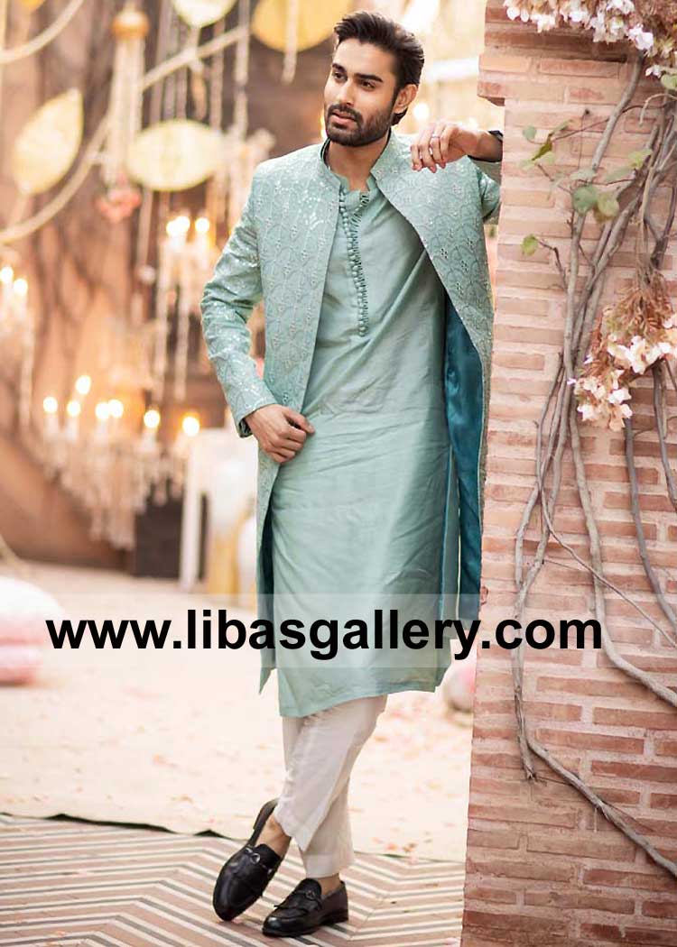 Men Sea Green Embellished Sherwani Suit Article for Nikah with Loop Buttons Kurta