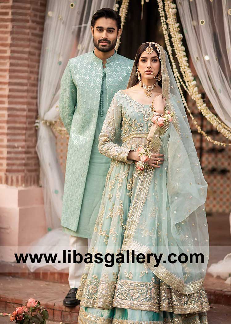 Men Sea Green Embellished Sherwani Suit Article for Nikah with Loop Buttons Kurta