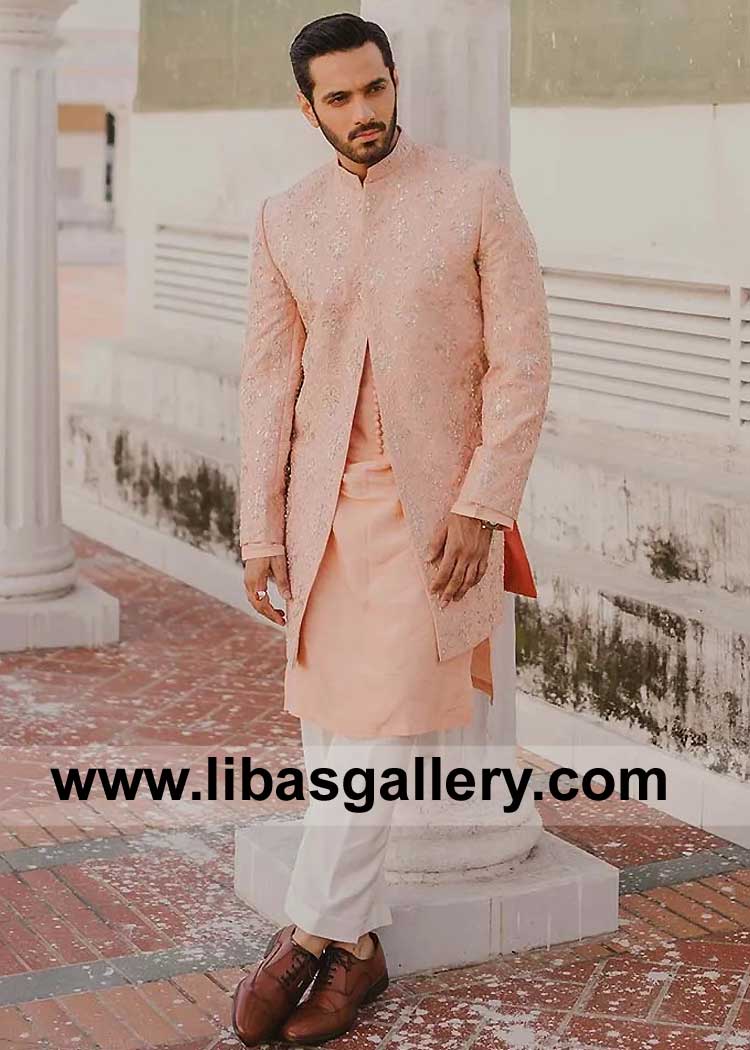 Peach Embroidered Groom Sherwani Design with Loop Buttons Matching Kurta