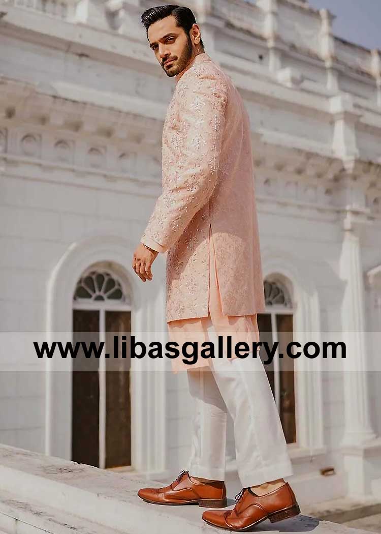 Peach Embroidered Groom Sherwani Design with Loop Buttons Matching Kurta