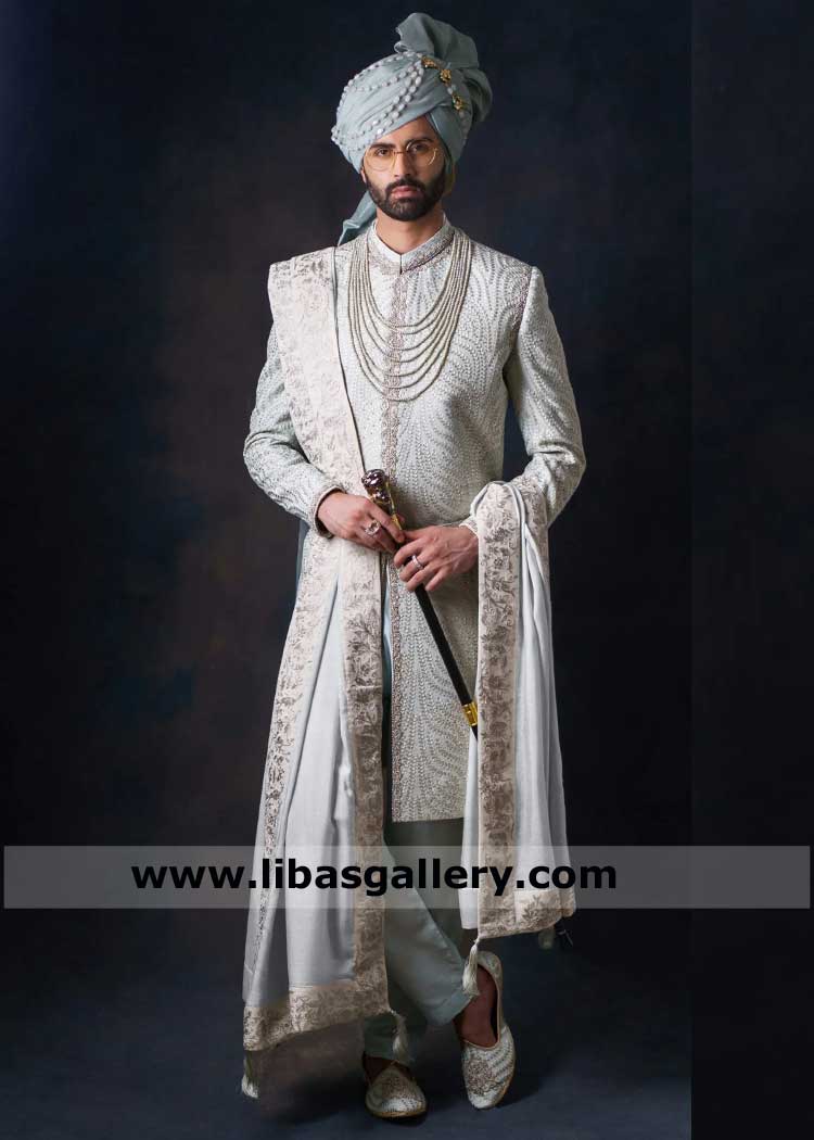 Pearl Green Embellished Groom Wedding Sherwani