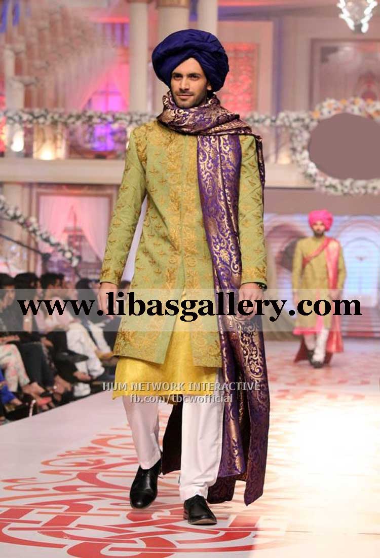 light green gold heavy embroidered groom wedding sherwani