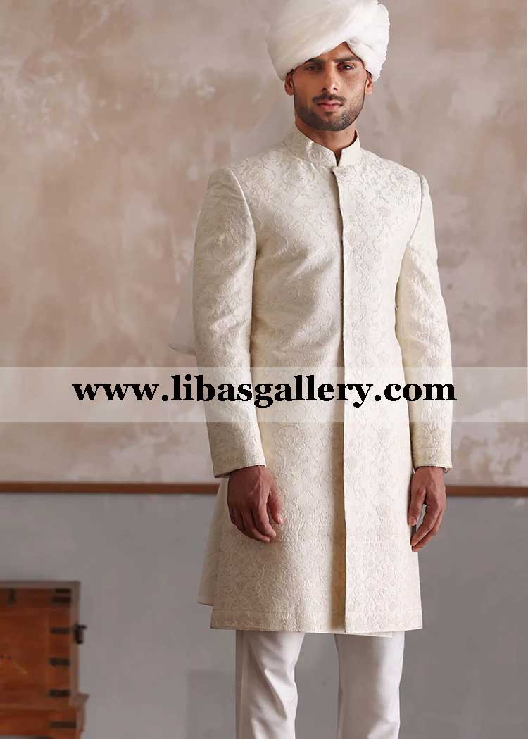 beautiful self embroidered off white sherwani for your son in law nikah barat groom paired with inner kurta pajama Alabama Alexander City Andalusia USA