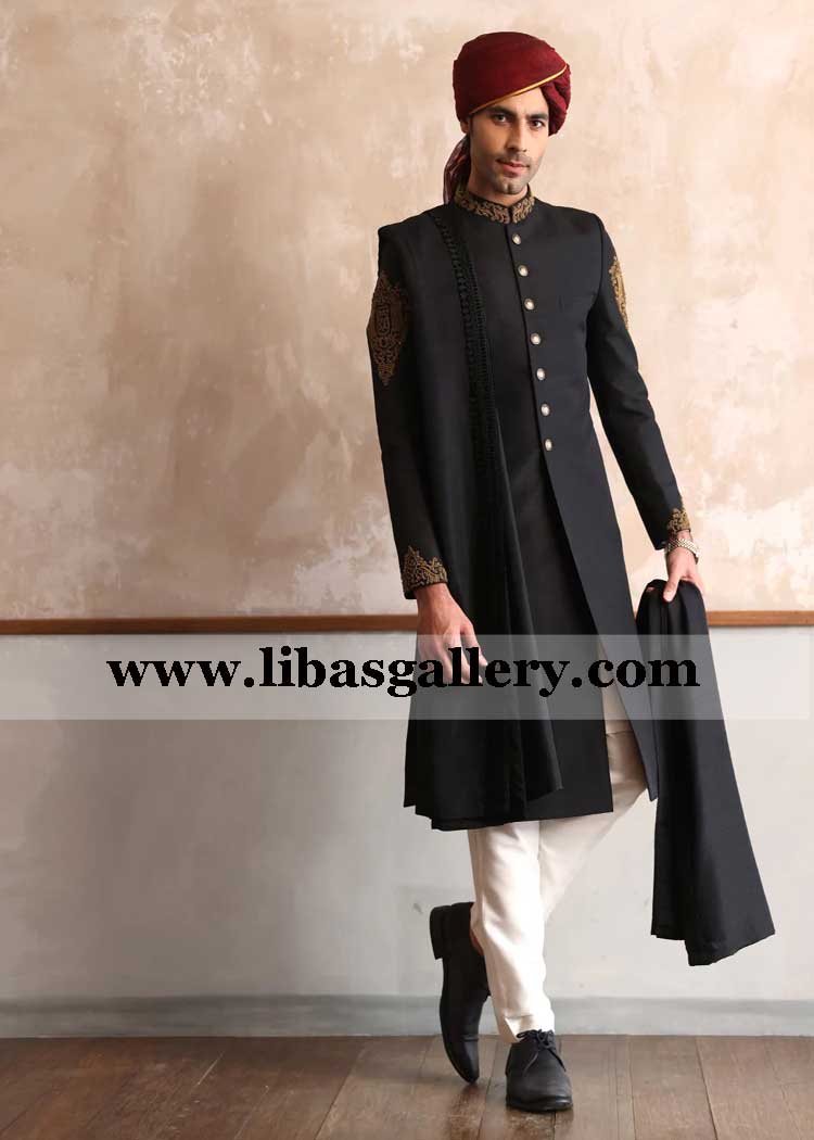 Groom black nikah barat sherwani suit with antique gold work