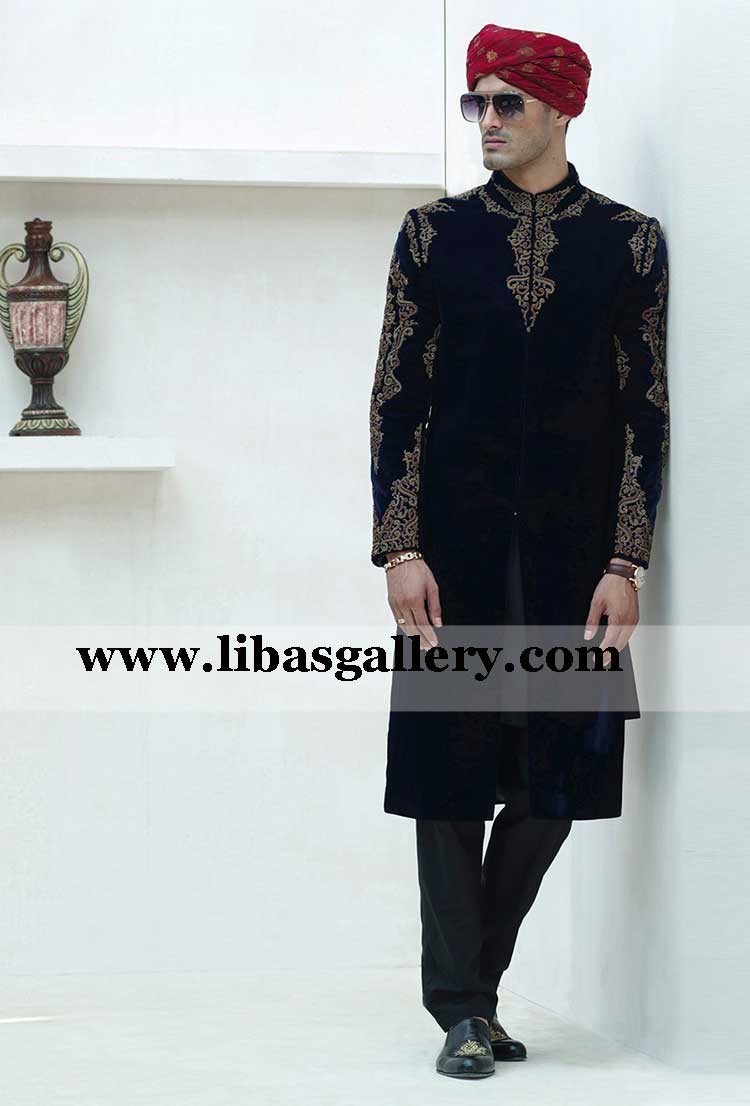 Velvet Sherwani Groom in Navy Blue color for wedding