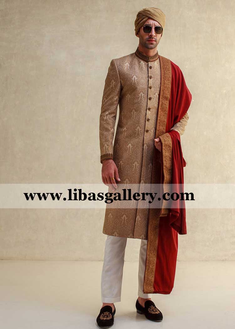 Beige antique embellishment groom nikah barat sherwani dress in high quality jacquard fabric compliment with white inner kurta pajama uk usa canada Beige antique embellishment groom nikah barat sherwani dress in high quality jacquard fabric compliment with white inner kurta pajama uk usa canada