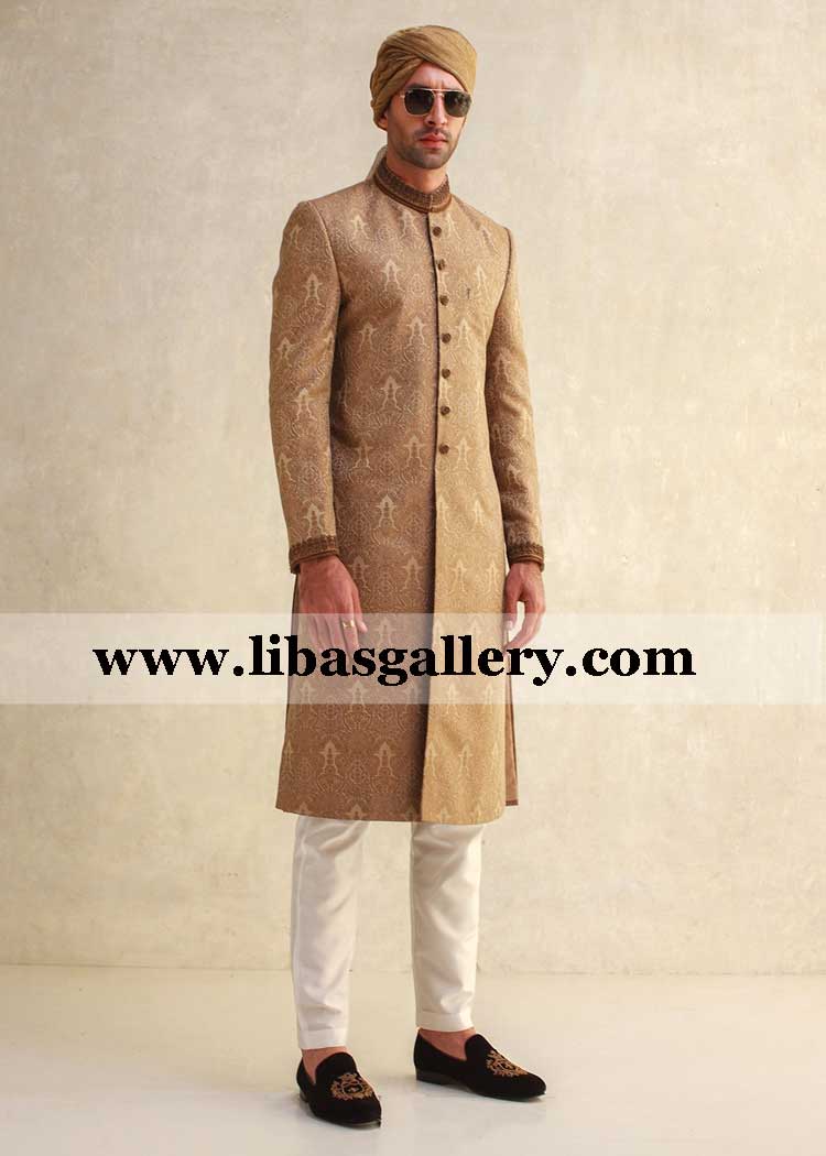 Beige antique embellishment groom nikah barat sherwani dress