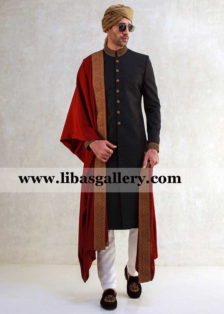 black embroidered fabric jali geometric design groom wedding sherwani ass gold pretied jamawar turban and matching khussa qatar usa south africa