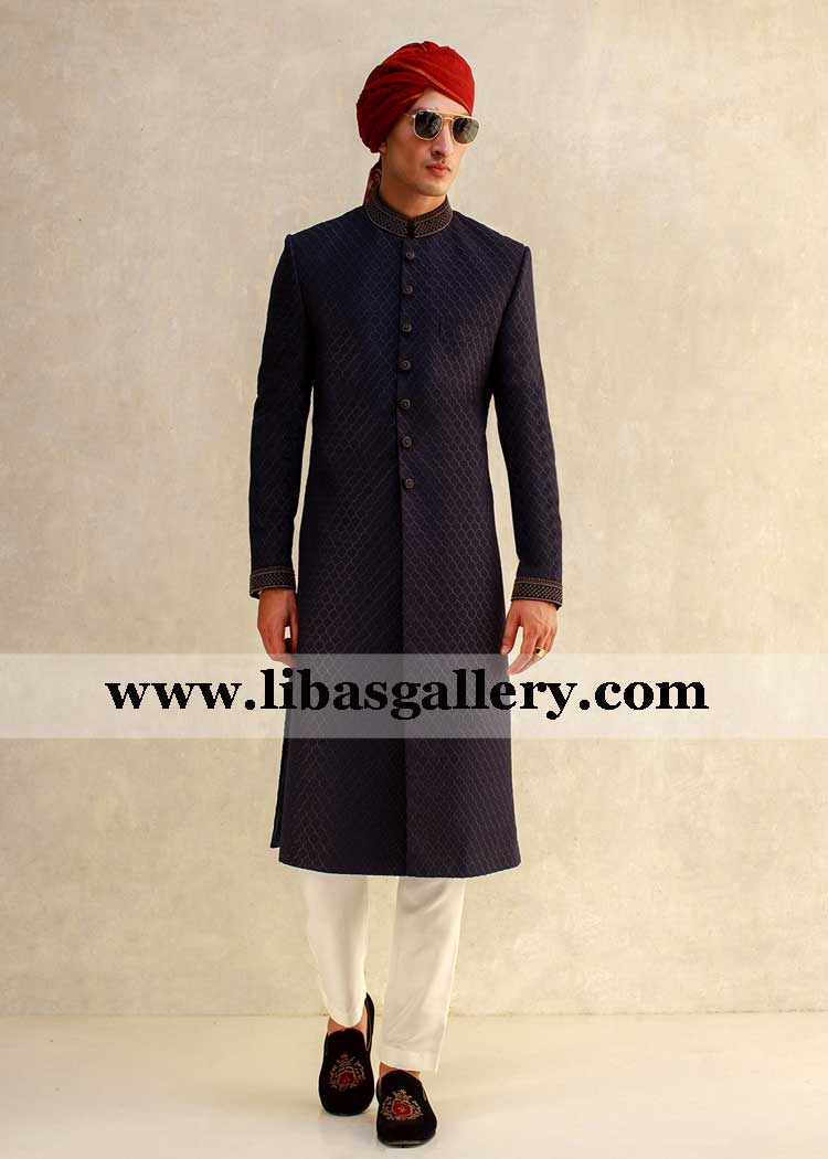 Navy Blue embroidered mesh on fabric geometrical design groom sherwani