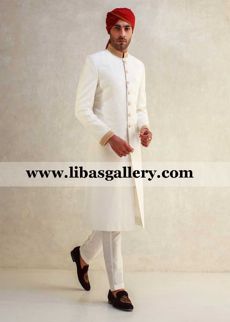 off white wedding sherwani embroidered mesh on fabric geometrical design