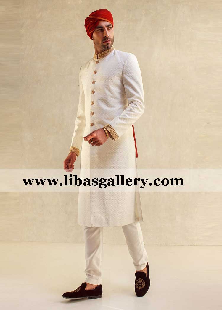 off white wedding sherwani embroidered mesh on fabric geometrical design