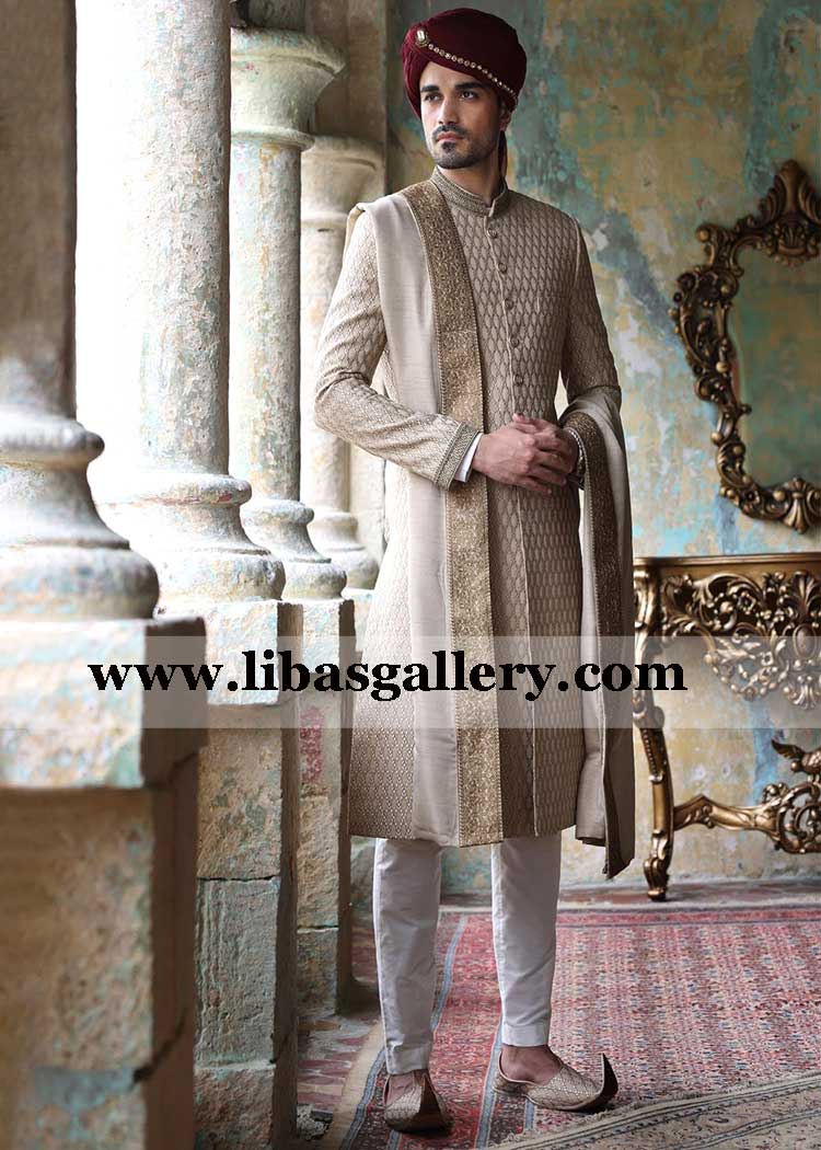 Rope check diamond embroidered groom wedding sherwani