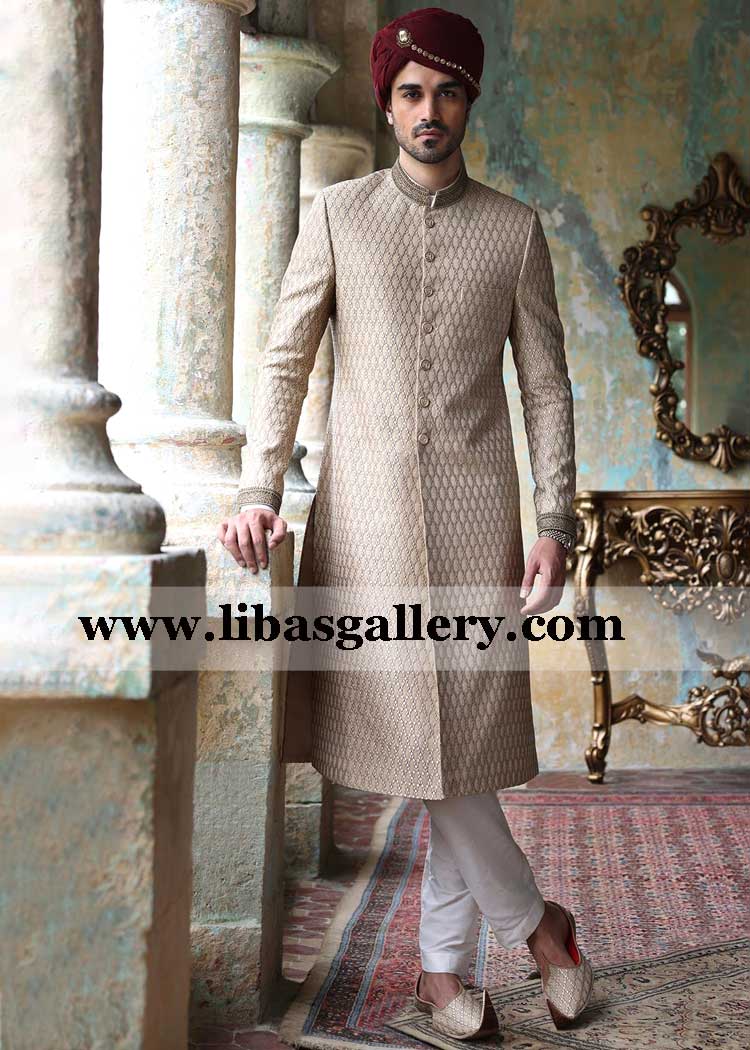 Rope check diamond embroidered groom wedding sherwani