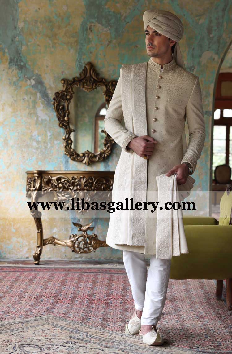 Golden karandi jamawar emnbroidered sherwani for groom barat day